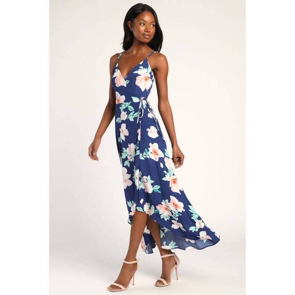 Lulus Blooming Bright Blue Floral Print High-low Wrap Midi Dress - Size S